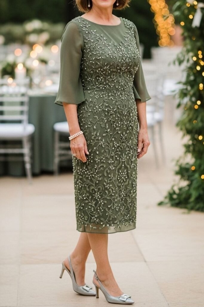 Olive Green Embroidered Sequin Knee-Length Dress with Chiffon Bell Sleeves + Silver Slingback Heels
