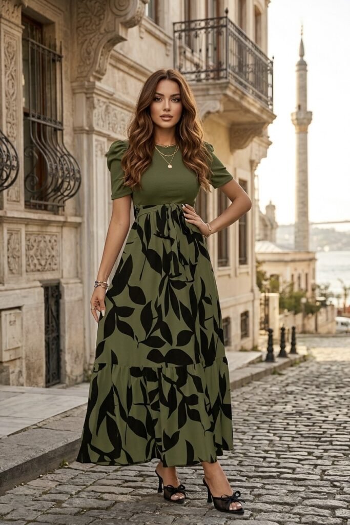 Olive Green Leaf Print Dress + Black Heels + Gold Necklace