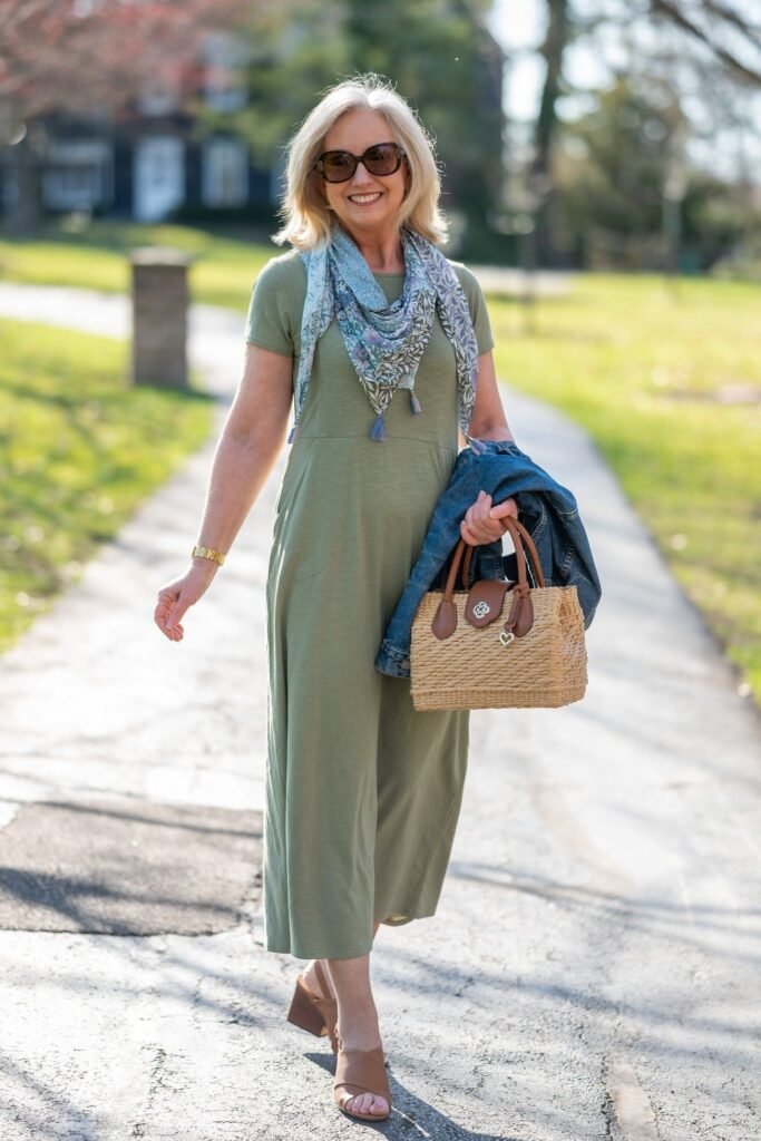 Olive Green Maxi Dress + Blue Floral Scarf + Brown Block Heel Sandals