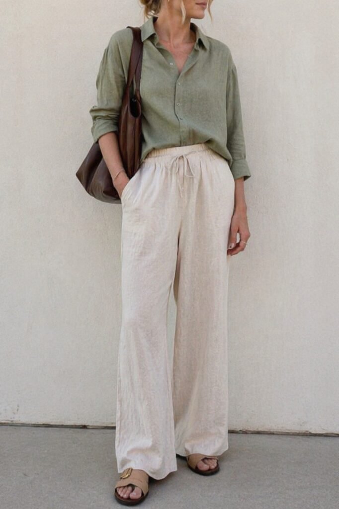 Olive Linen Shirt + Cream Wide-Leg Trousers + Brown Leather Sandals