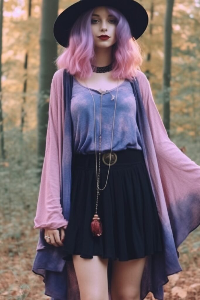Ombre Kimono Cardigan + Purple Tank Top + Black Pleated Skirt + Wide Brim Hat