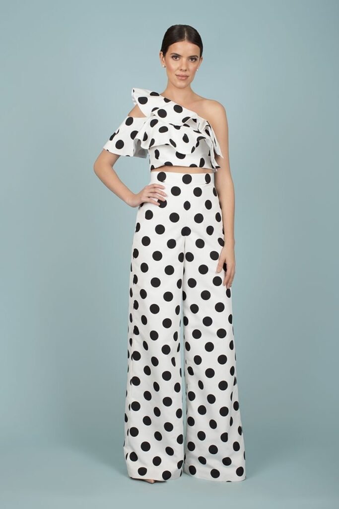 One Shoulder Ruffle Polka Dot Crop Top + High Waisted Wide Leg Polka Dot Pants