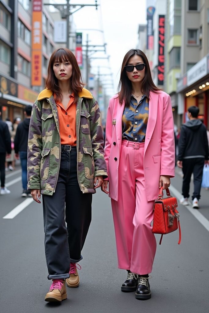 Orange Shirt Under Camouflage Parka Jacket + Dark Grey Jeans + Tan Sneakers With Pink Laces