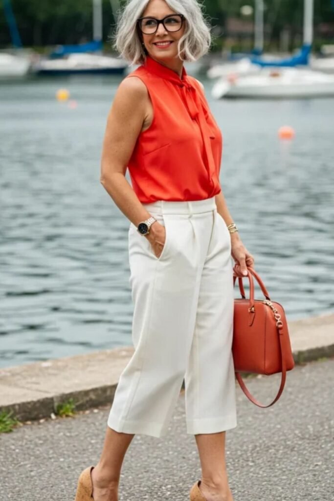 Orange Sleeveless Tie Neck Blouse + White Culottes + Tan Cork Wedges