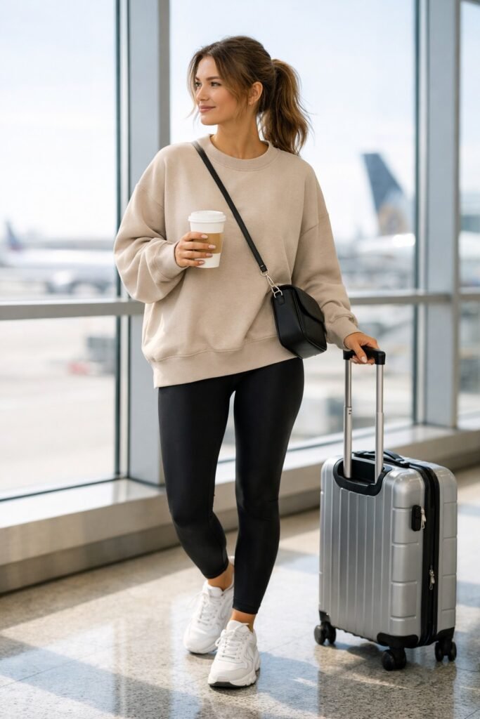 Oversized Beige Crewneck Sweatshirt + Black Leggings + White Sneakers