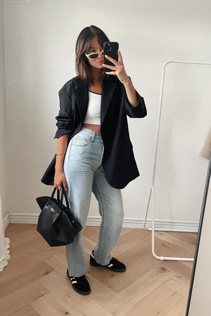 Oversized Black Blazer + White Crop Top + Light Wash Straight Jeans + Black Sneakers