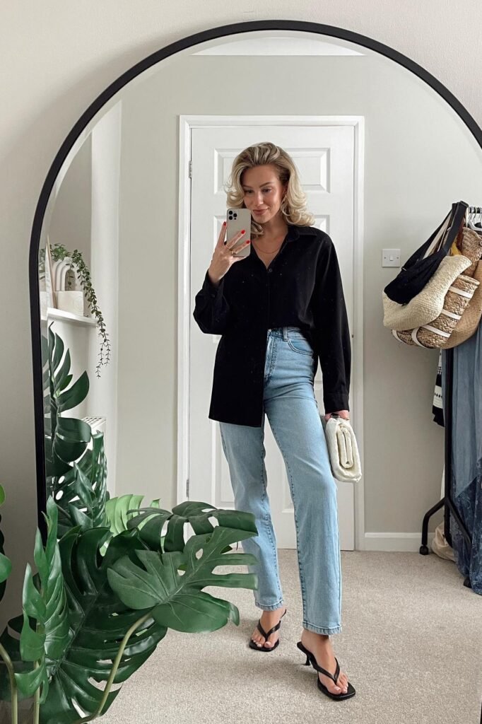 Oversized Black Button Down Shirt + Light Wash Straight Jeans + Black Heeled Thong Sandals