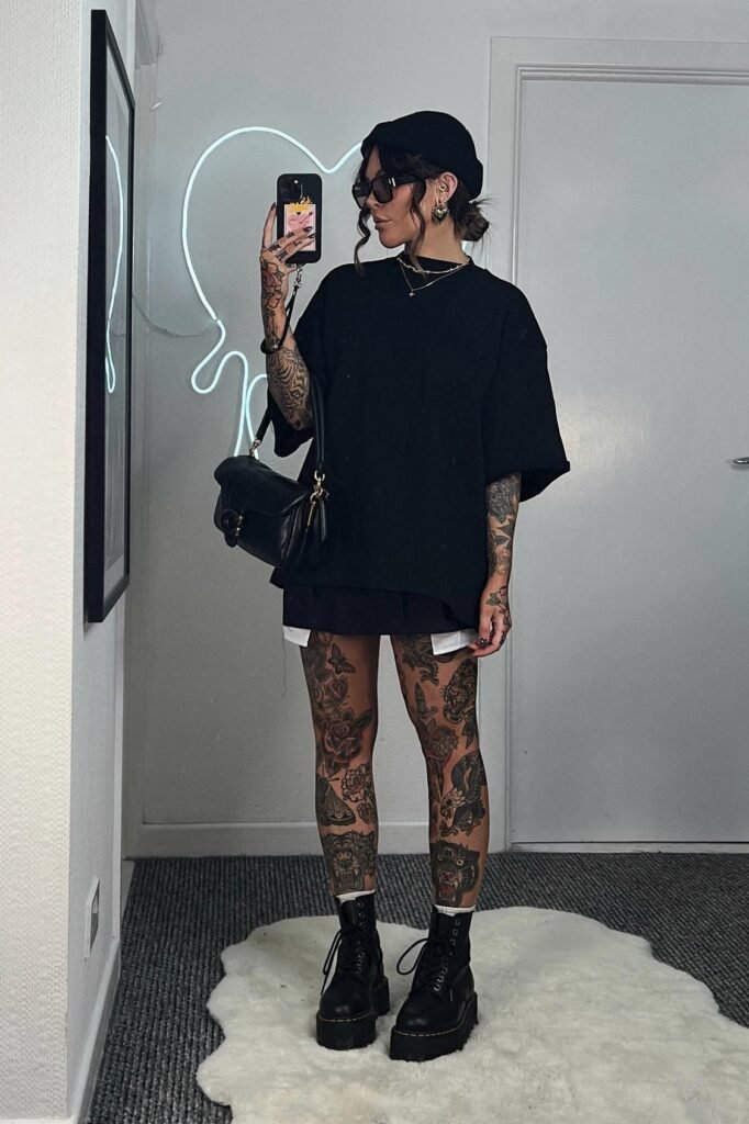 Oversized Black T Shirt + Black Beanie + Distressed Fishnet Tights + Black Platform Combat Boots