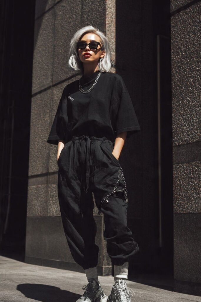 Oversized Black T Shirt + Black Joggers + Metallic Silver Sneakers