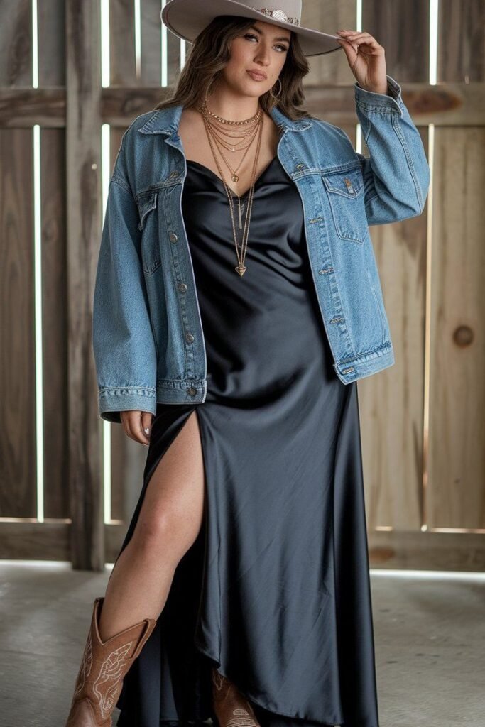 Oversized Blue Denim Jacket + Black Silk Slit Maxi Dress + Tan Cowboy Boots + Wide Brim Fedora