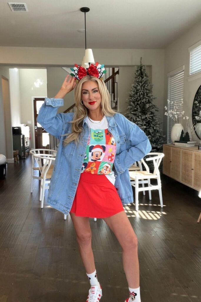 Oversized Blue Denim Jacket + Christmas Graphic Tee + Red Mini Skirt + White Sneakers