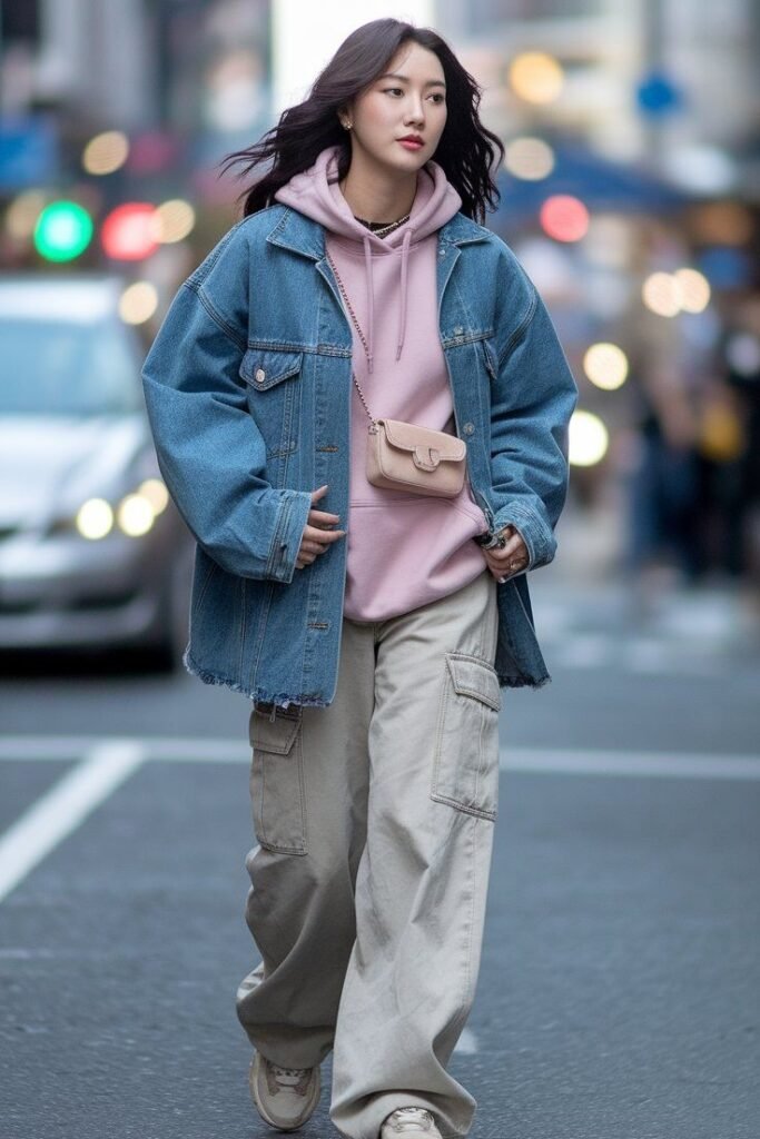 Oversized Blue Denim Jacket + Pink Pullover Hoodie + Beige Cargo Pants