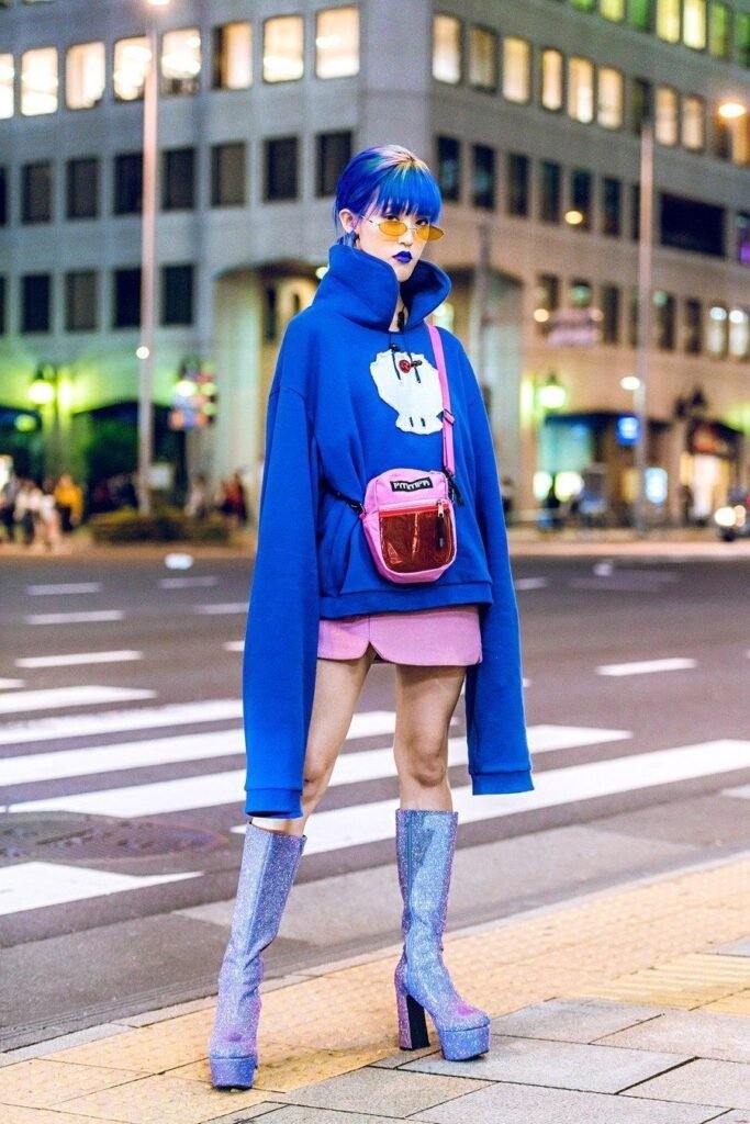 Oversized Blue Graphic Hoodie + Pink Mini Skirt + Glittery Lavender Platform Boots