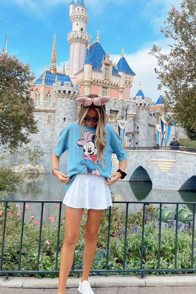 Oversized Blue Minnie Mouse Graphic T Shirt + White Tennis Skirt + White Athletic Sneakers