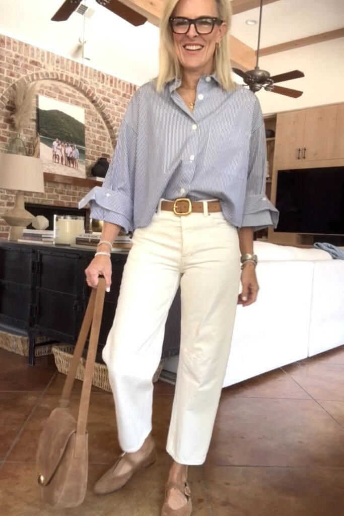 Oversized Blue Striped Shirt + Off-White Straight Leg Jeans + Tan Ballet Flats