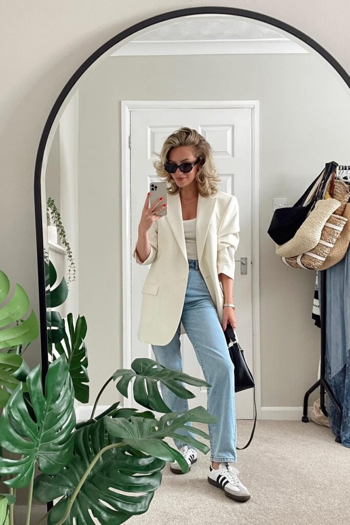 Oversized Cream Blazer + White Ribbed Tank Top + Light Wash Straight Jeans + White Sneakers