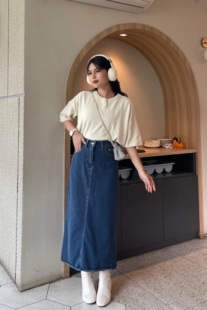 Oversized Cream T Shirt + Dark Wash Denim Maxi Skirt + White Square Toe Boots