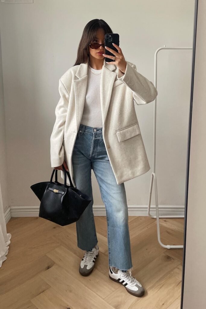 Oversized Cream Wool Blazer + White Ribbed T Shirt + Light Wash Crop Flare Jeans + White Sneakers