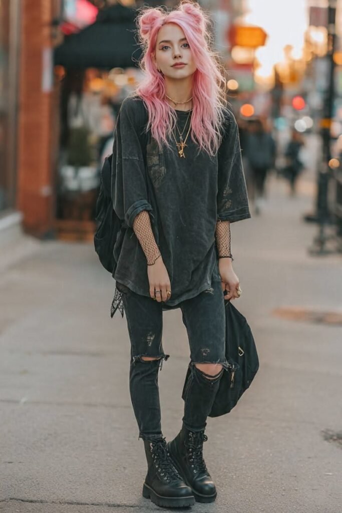Oversized Dark Grey T Shirt + Fishnet Arm Sleeves + Ripped Black Skinny Jeans + Black Platform Combat Boots