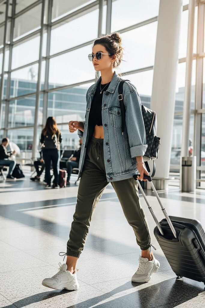 Oversized Denim Jacket + Black Cropped Tee + Olive Green Joggers + White Chunky Sneakers