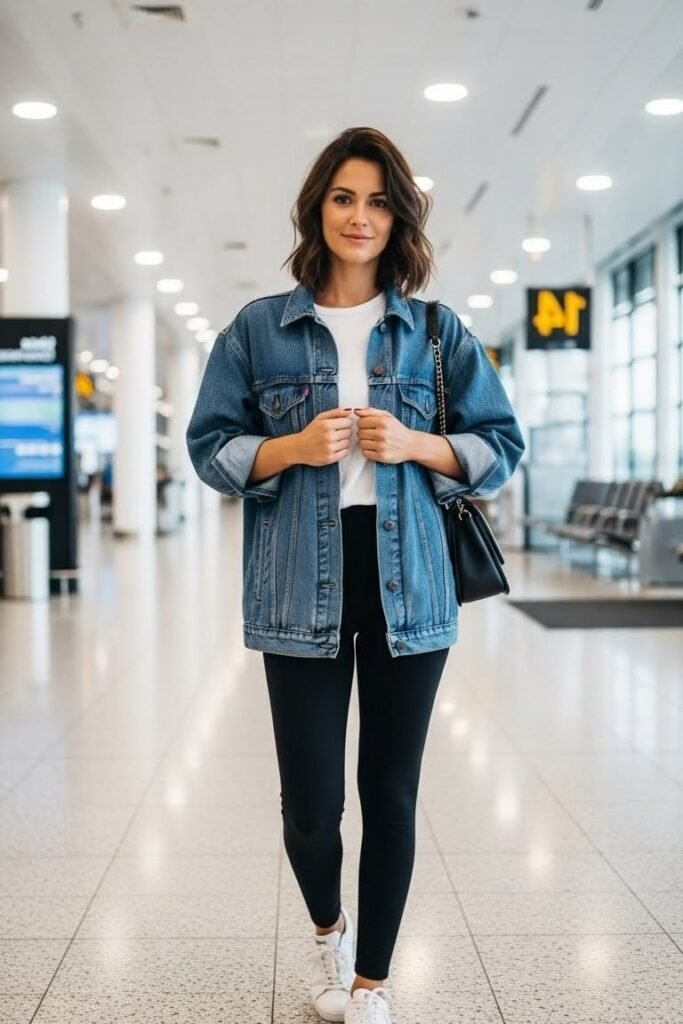 Oversized Denim Jacket + White T Shirt + Black High Waisted Leggings + White Sneakers