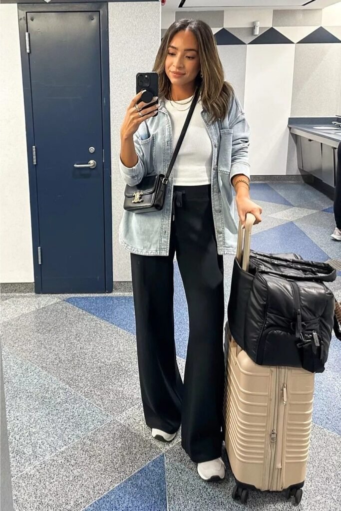 Oversized Denim Shacket + White Cropped T Shirt + Black Wide Leg Drawstring Pants + White Sneakers