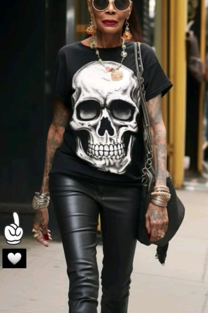 Oversized Graphic Skull T Shirt + Black Leather Skinny Pants + Chunky Gold Jewelry + Black Leather Crossbody Bag