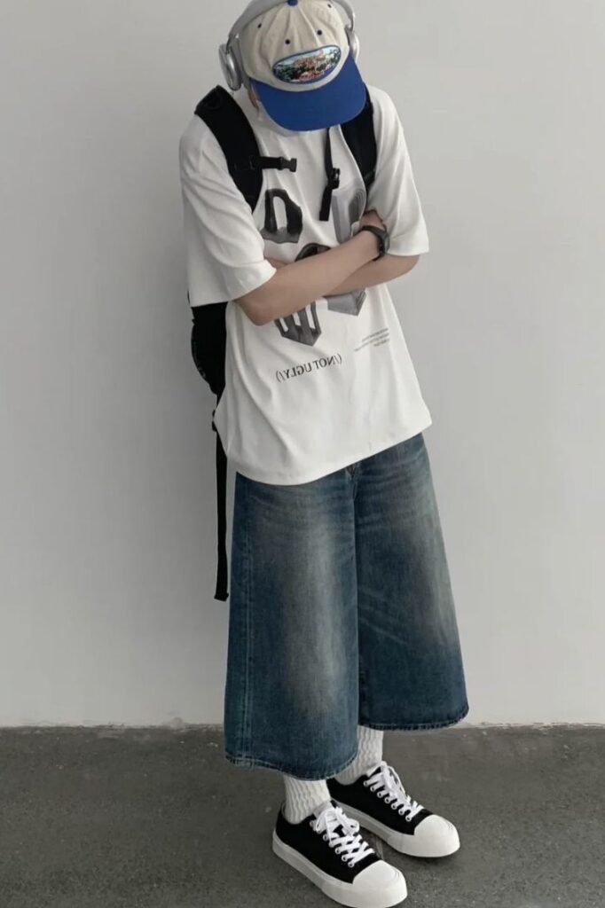 Oversized Graphic Tee + Baggy Denim Jorts + Black & White Sneakers