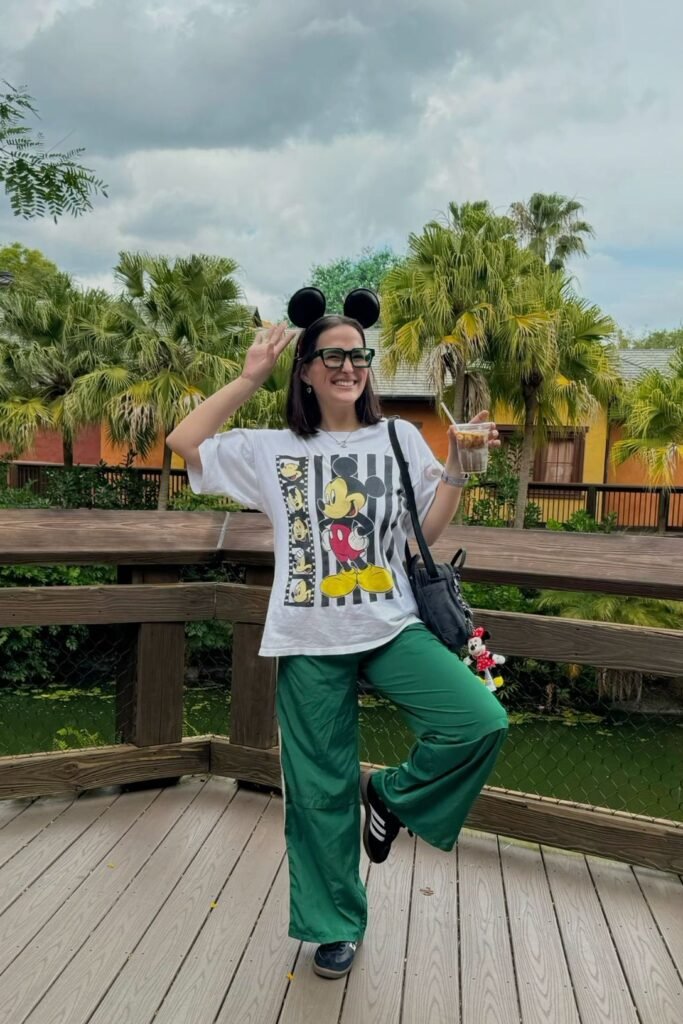 Oversized Graphic White Tee + Green Wide Leg Track Pants + Black Sneakers
