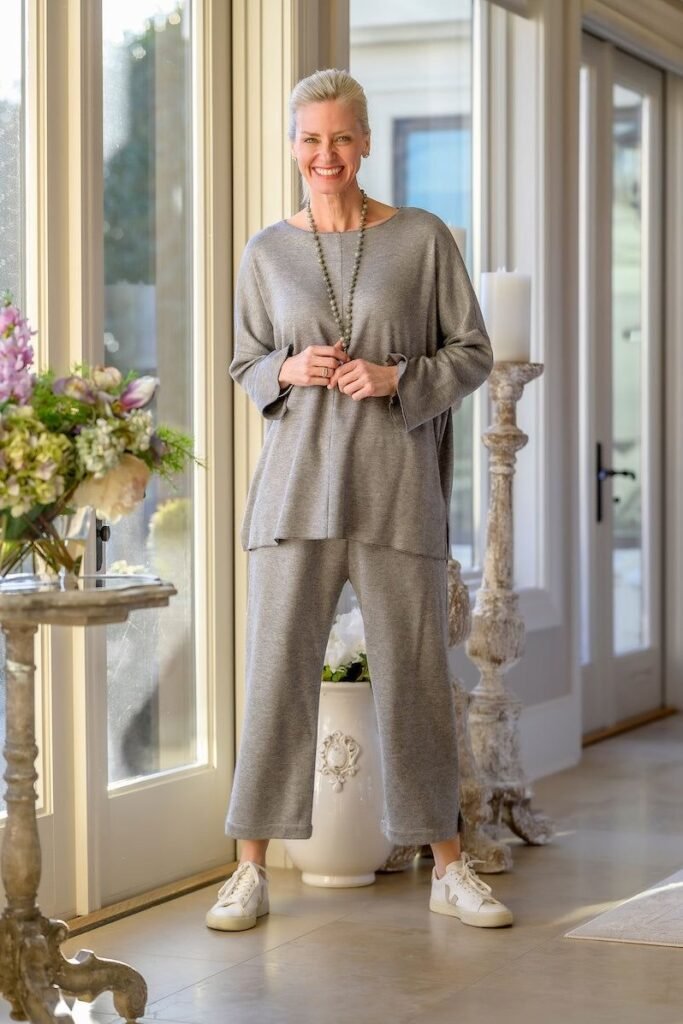 Oversized Grey Knit Tunic + Matching Wide-Leg Knit Pants + White Leather Sneakers