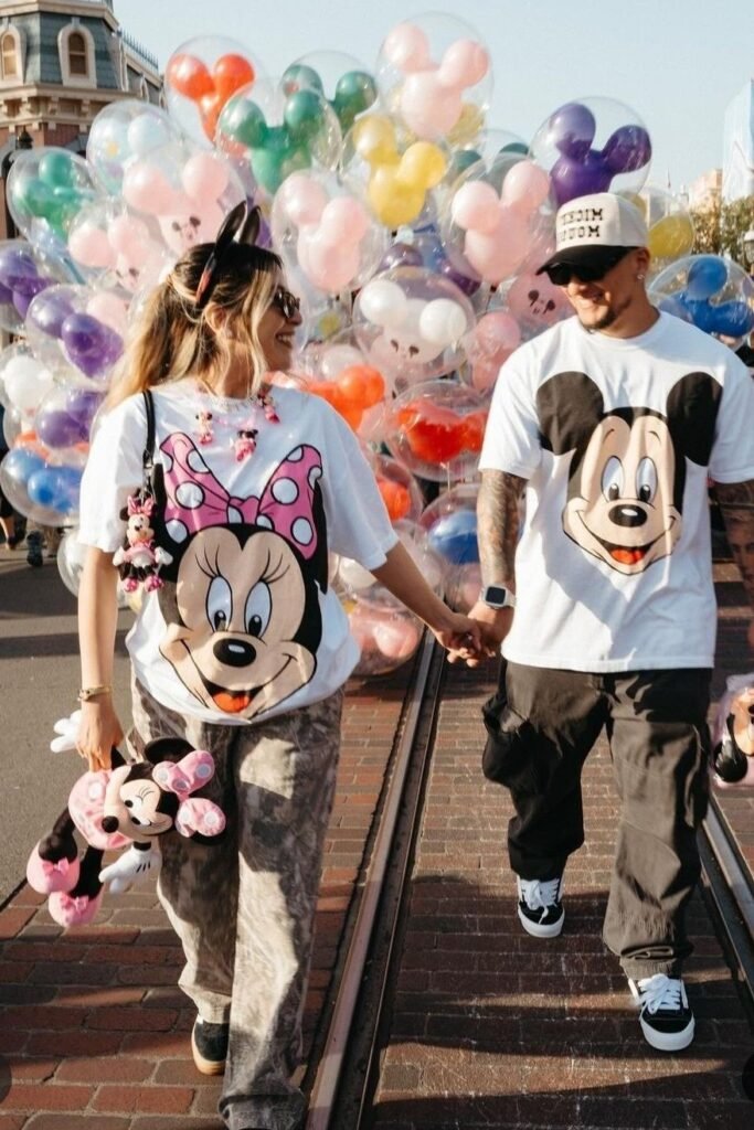 Oversized Mickey & Minnie T Shirts + Patterned Pants / Black Cargo Pants + Black and White Sneakers
