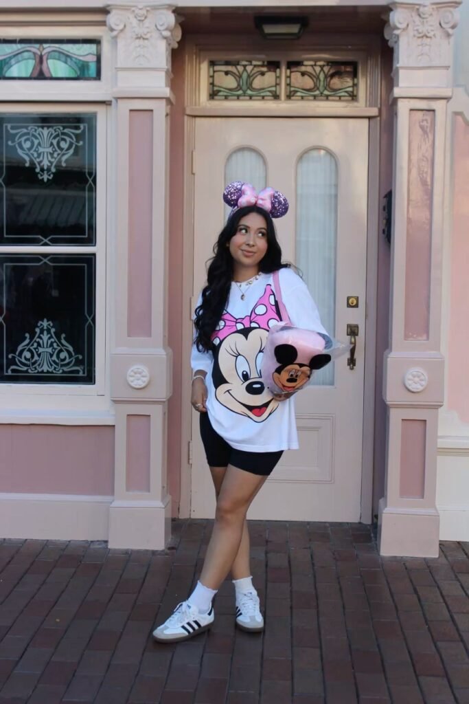Oversized Minnie Mouse T Shirt + Black Biker Shorts + White Adidas Sneakers