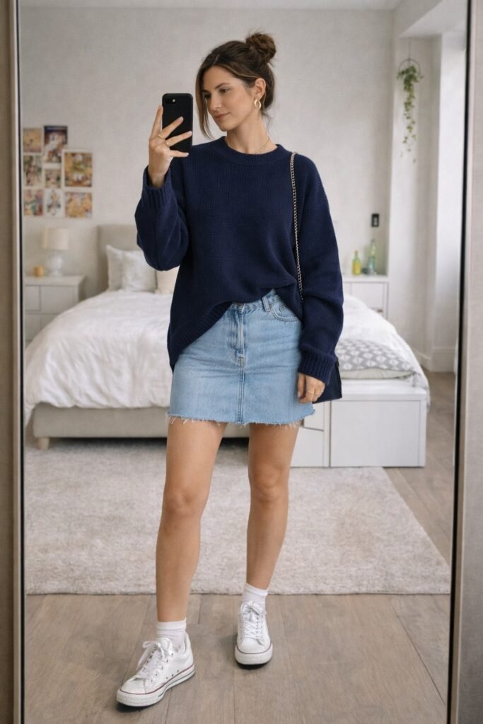 Oversized Navy Blue Sweater + Light Wash Denim Mini Skirt + White Sneakers