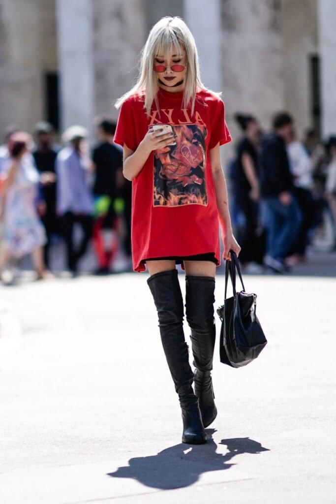 Oversized Red Graphic T Shirt + Thigh High Black Leather Boots + Black Handbag