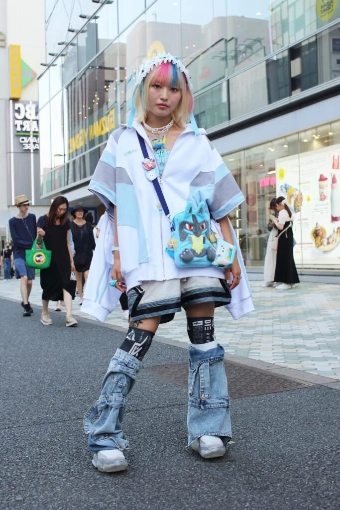 Oversized White & Blue Zip Up Jacket + Denim Leg Warmers + White Sneakers