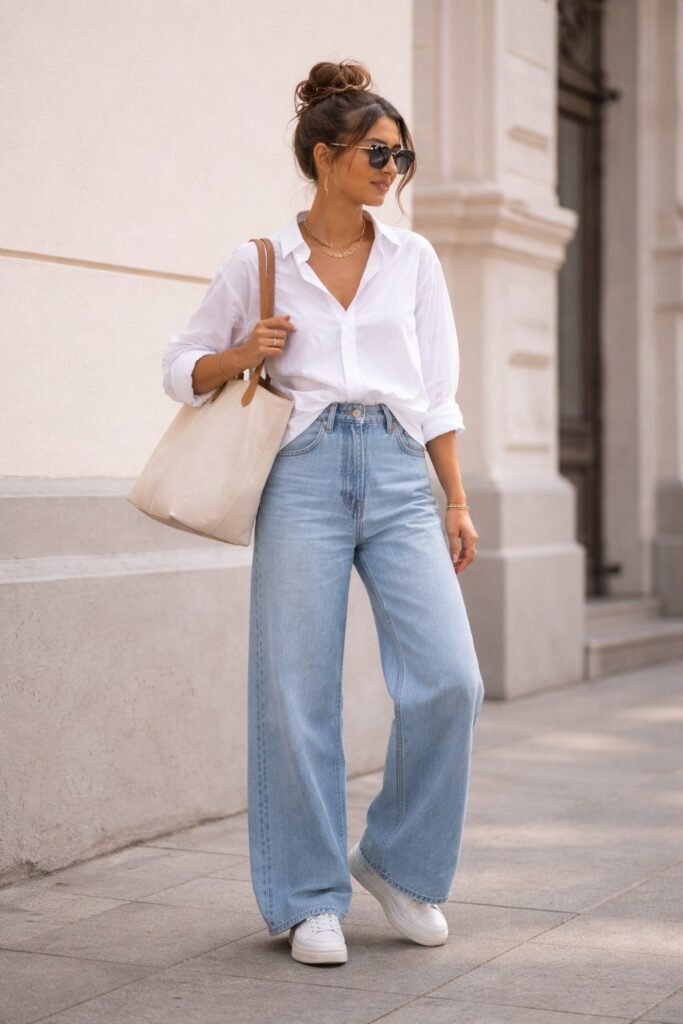 Oversized White Button-Down + Light Blue Wide-Leg Jeans + White Sneakers