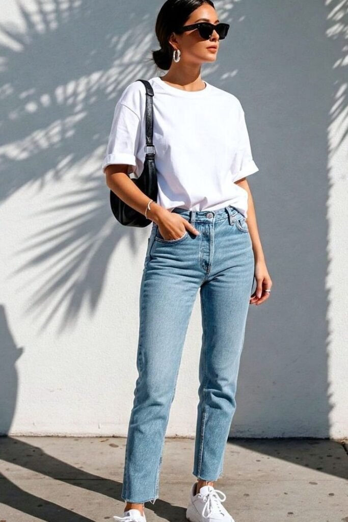 Oversized White T-shirt + Light Blue Denim + White Chunky Sneakers