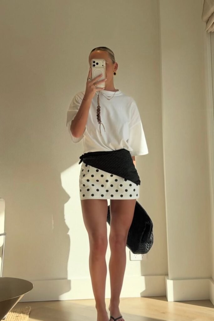 Oversized White Tee + Polka Dot Mini Skirt + Black Thong Sandals