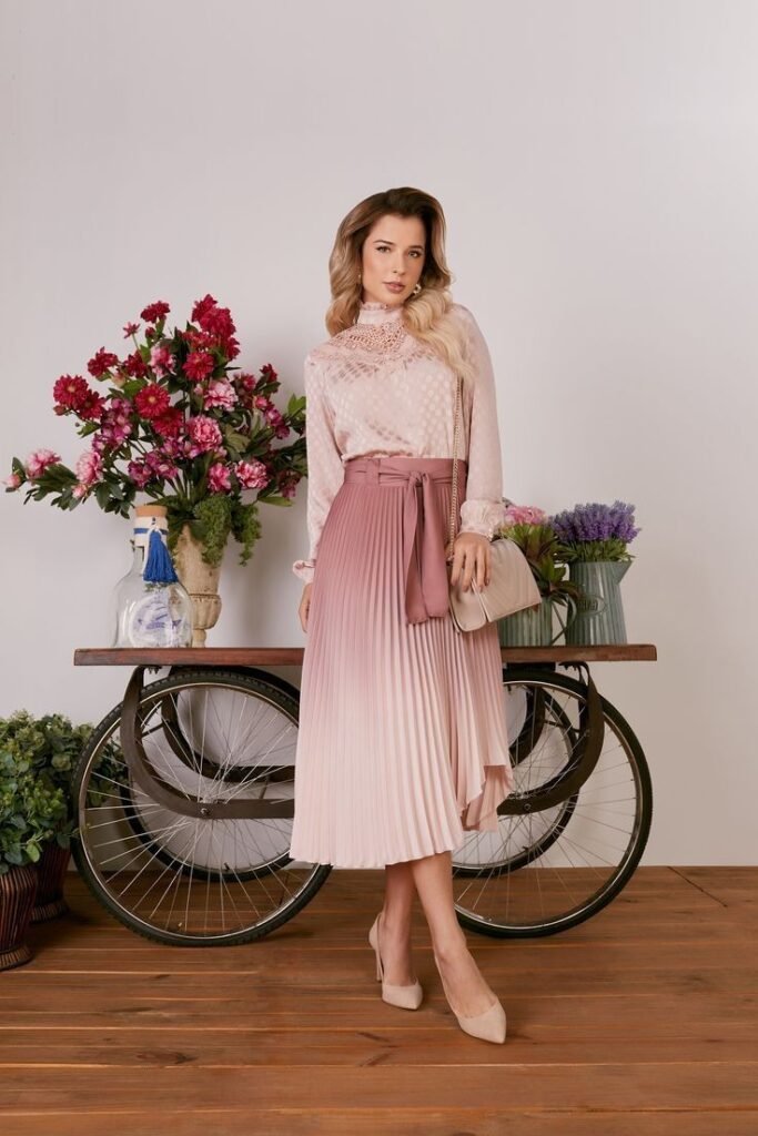 Pale Pink Blouse + Pink Ombré Pleated Midi Skirt + Pale Pink Pumps