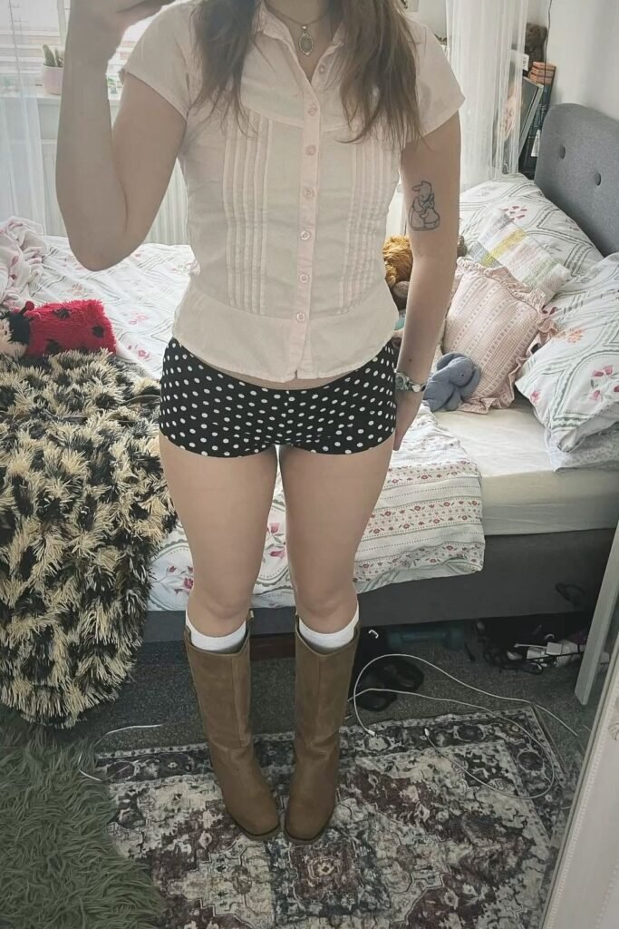 Pale Pink Button Up Shirt + Black Polka Dot Micro Shorts + Brown Knee High Boots