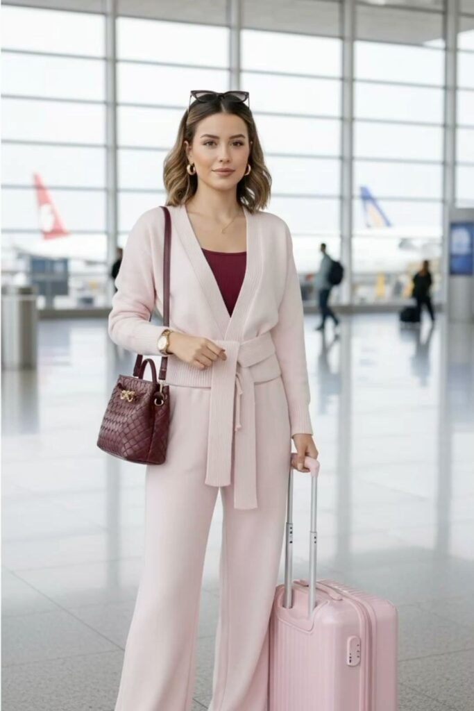 Pale Pink Tied Cardigan + Matching Pale Pink Wide Leg Pants + Burgundy Tank Top + Pale Pink Hard Suitcase