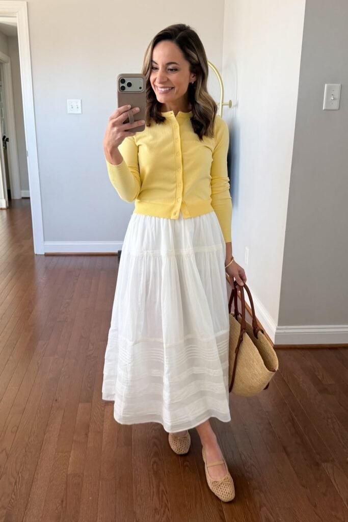 Pale Yellow Cardigan + White Tiered Midi Skirt + Tan Flats