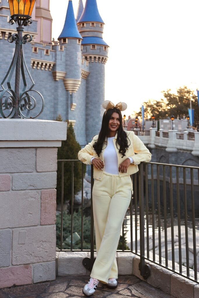 Pale Yellow Cropped Tweed Jacket + Pale Yellow Sweatpants + White and Grey Retro Sneakers