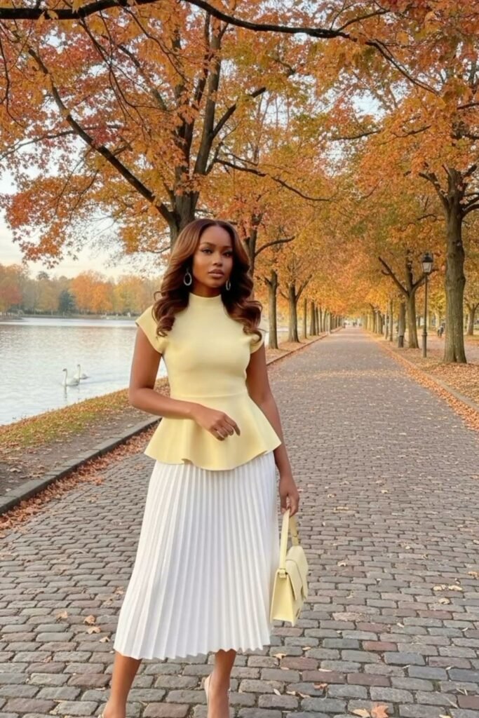 Pale Yellow Peplum Top + White Pleated Midi Skirt + Nude Heels