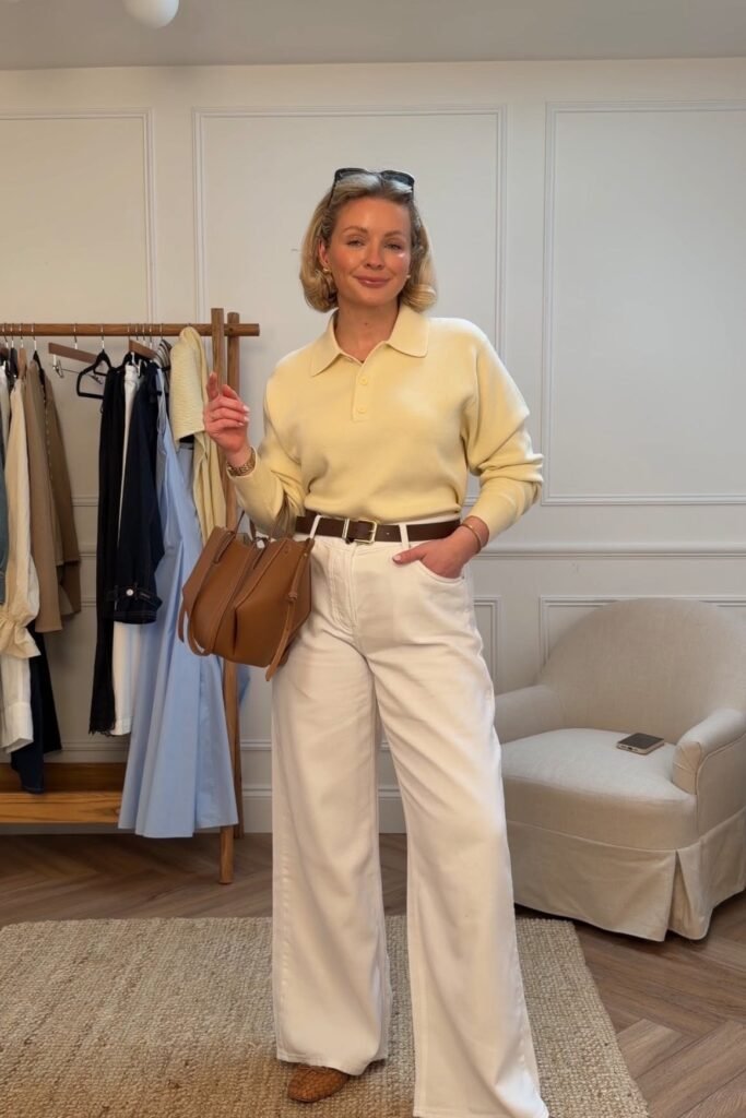 Pale Yellow Polo Sweater + White Wide-Leg Jeans + Brown Woven Flats