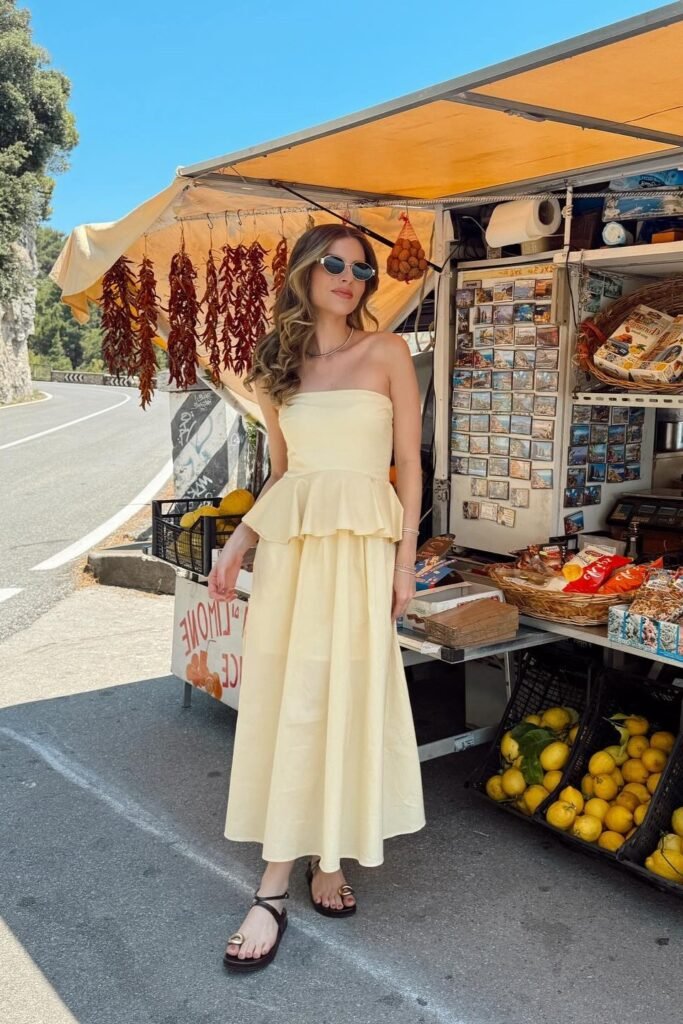 Pale Yellow Strapless Peplum Maxi Dress + Black Leather Toe Ring Sandals