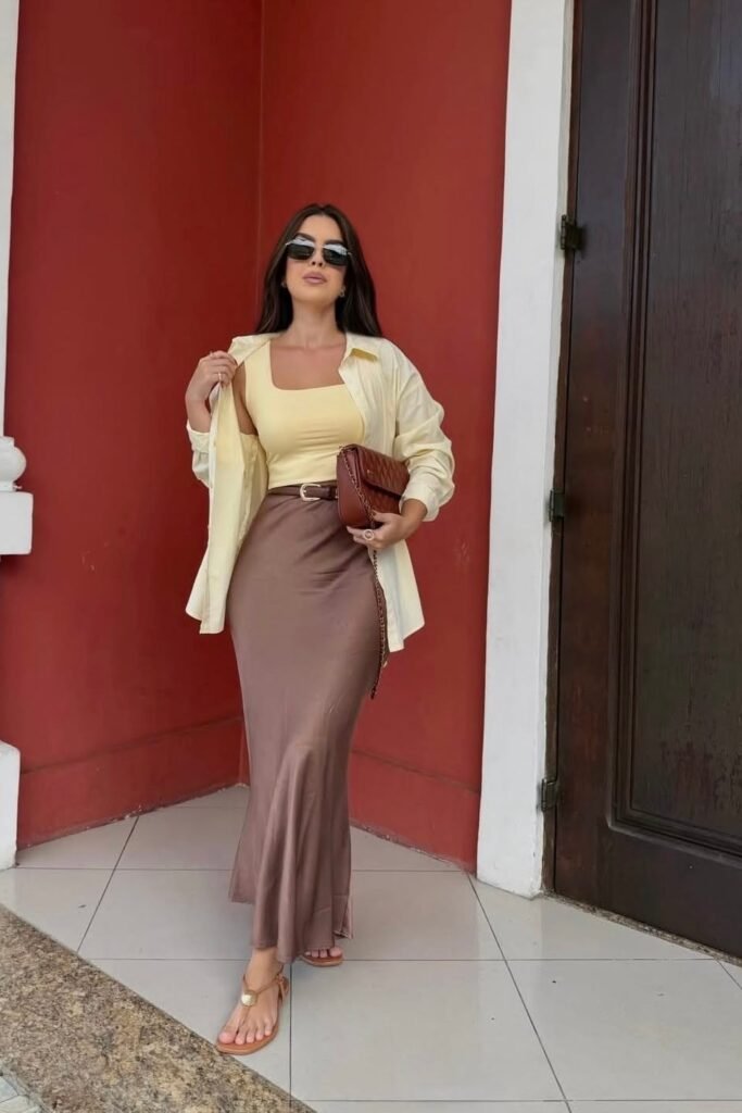 Pale Yellow Tank Top + Pale Yellow Button Down Shirt + Brown Satin Midi Skirt + Tan Sandals