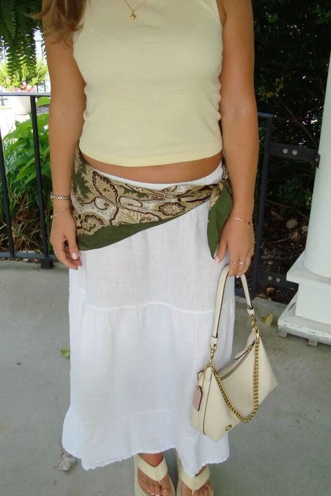 Pale Yellow Tank Top + White Tiered Maxi Skirt + Olive Green Paisley Scarf Belt