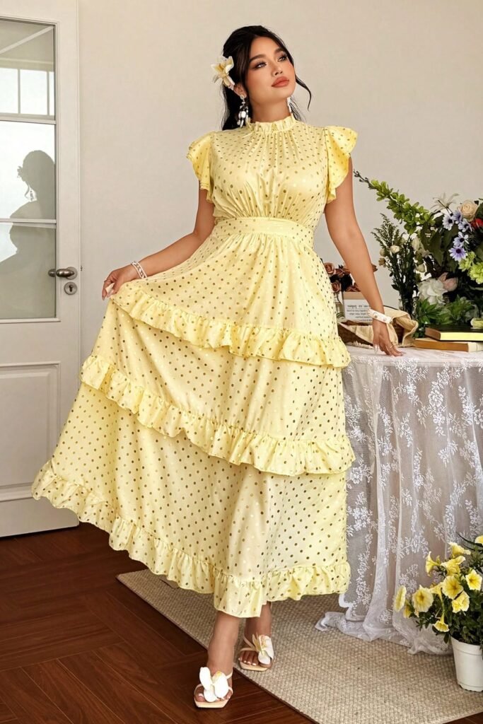 Pale Yellow Tiered Maxi Dress + White Floral Hair Accessory + White Floral Sandals