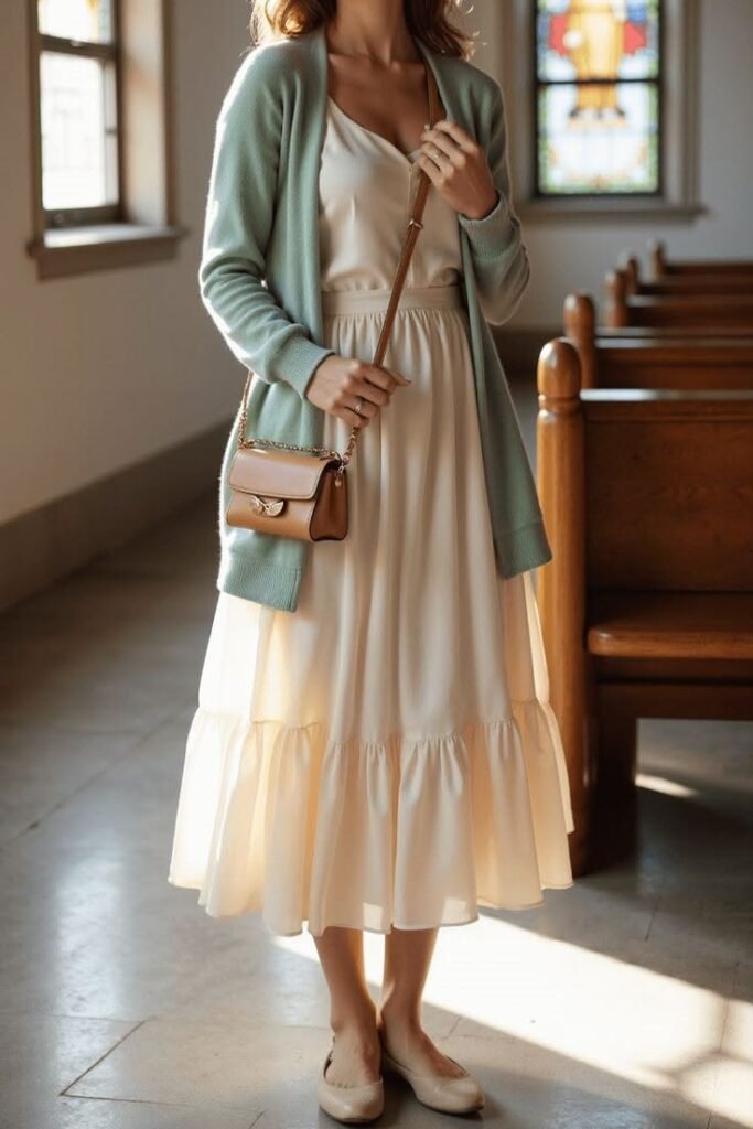 Pastel Green Cardigan + Cream Midi Dress + Brown Crossbody Bag + Beige Flats